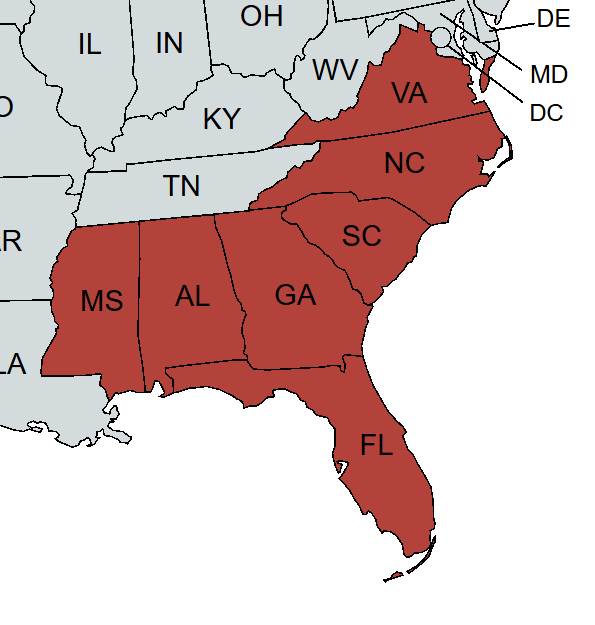 REFPRO Territory Map - Florida, Georgia, Alabama, Mississippi, South Carolina, North Carolina, Virginia